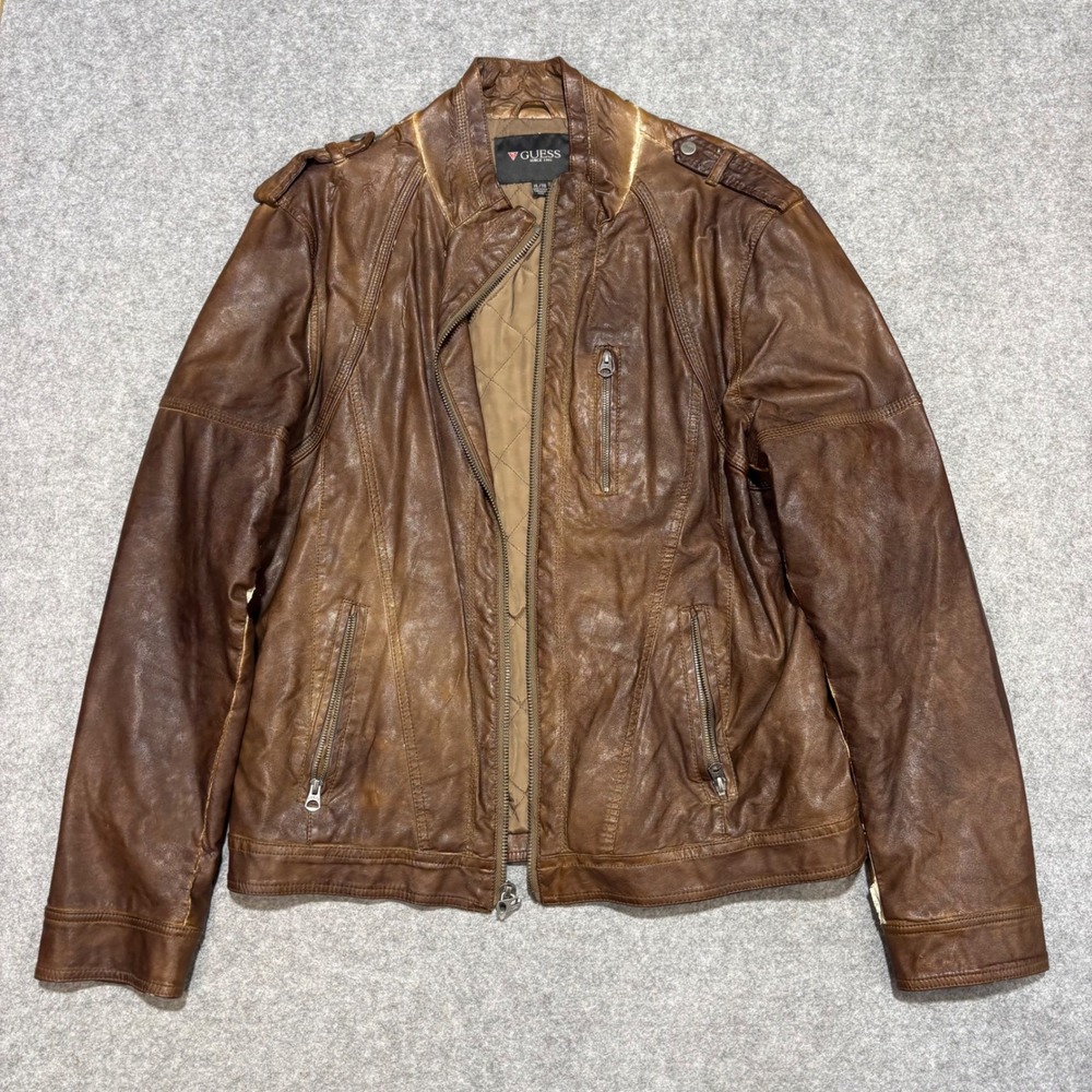Guess Mens Faux Leather Racer Jacket Distressed Brown XL Moto Quilted Lining